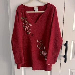 Burgundy‎ Red V-Neck Sweater with Floral Embroidery size 18/20